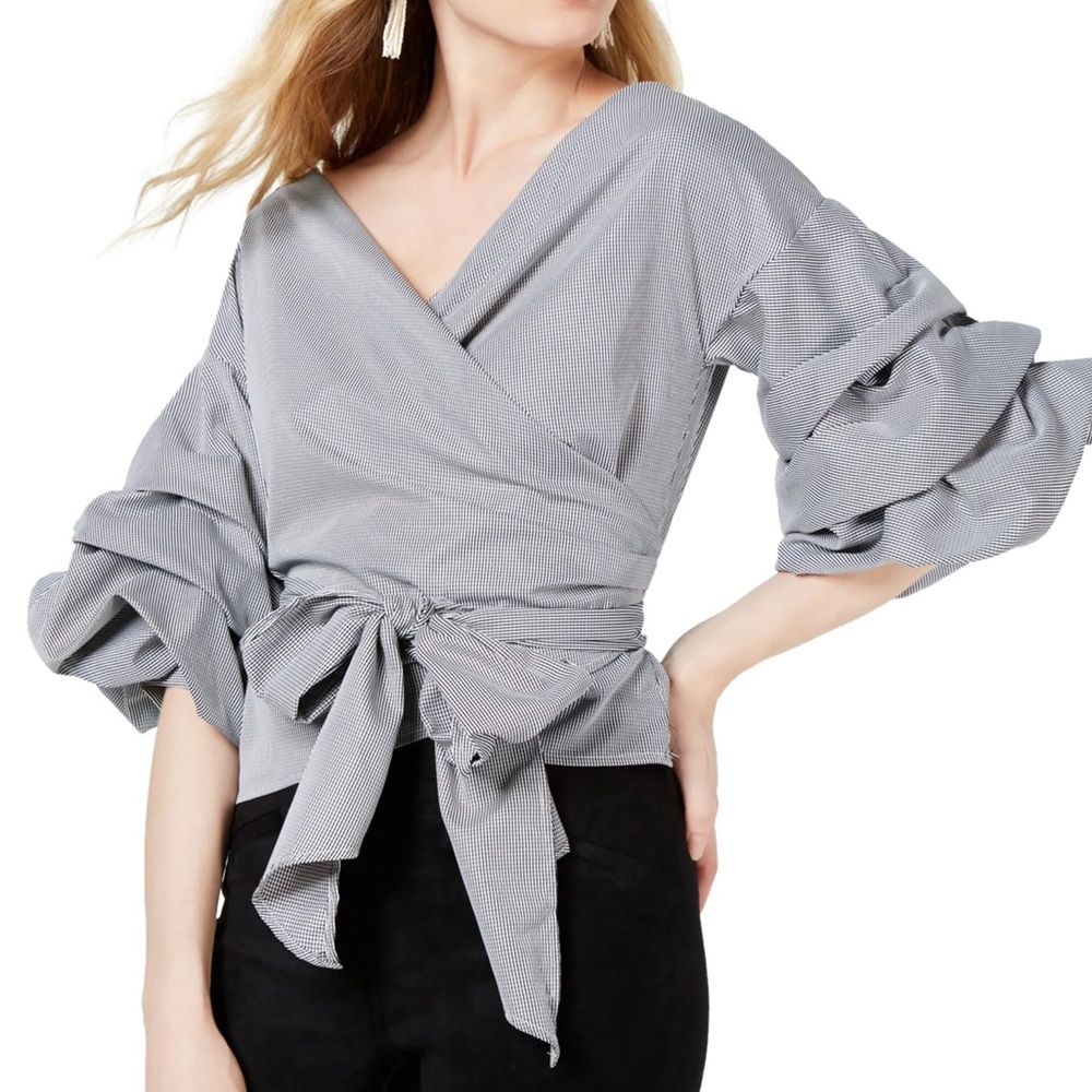 NWOT- SAGE THE LABEL Black and White Checkered Ruffle Sleeve Wrap Too